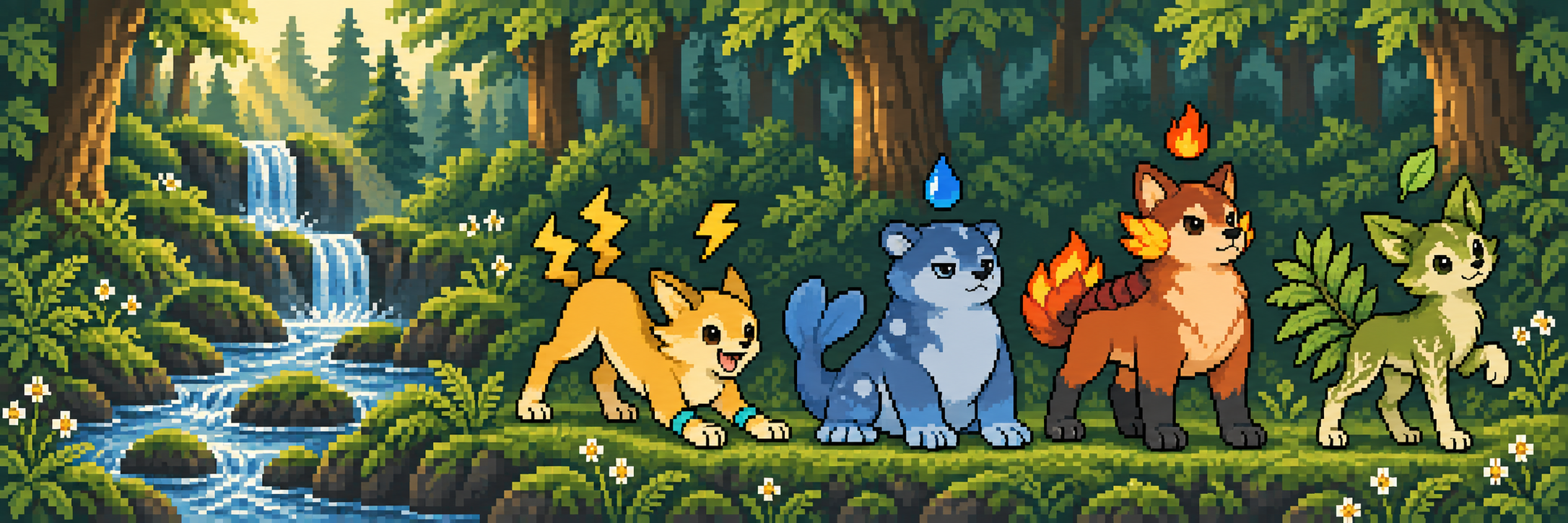 In a forest, electric Evo plays, water rests, fire watches seriously and leaf explores with curiosity